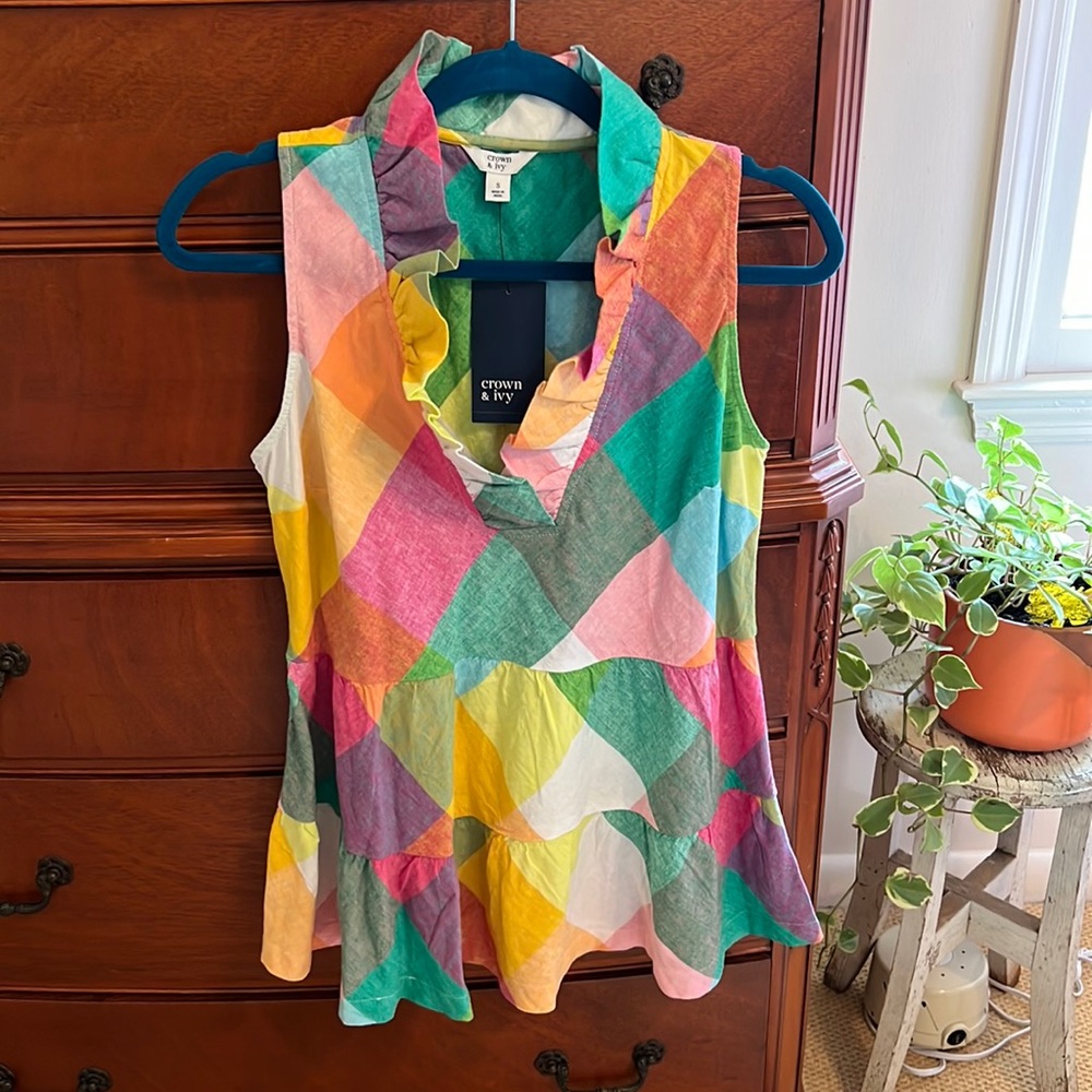 Multiplaid Tunic w/ Ruffled Neck